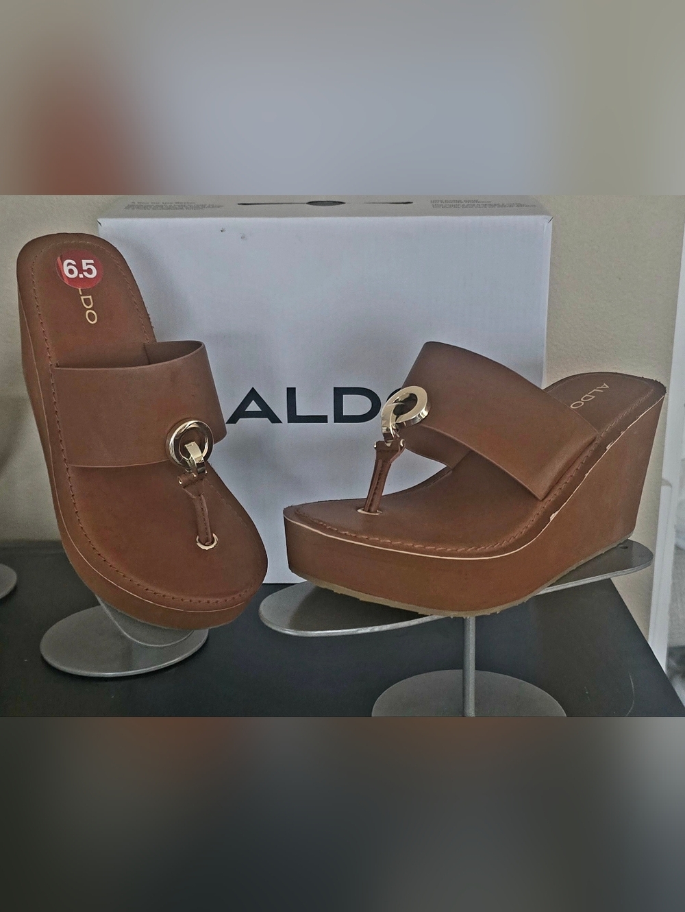 New In Box ALDO Brown Leather Wedge Thong Sandals with Gold Accent 6.5M